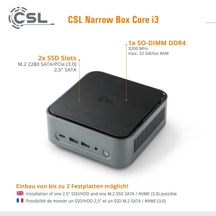 Produktbild CSL Mini-PC Narrow Box Core i3 (Intel Core i3-N305, 16 GB, 500 GB, Intel UHD Graphics)