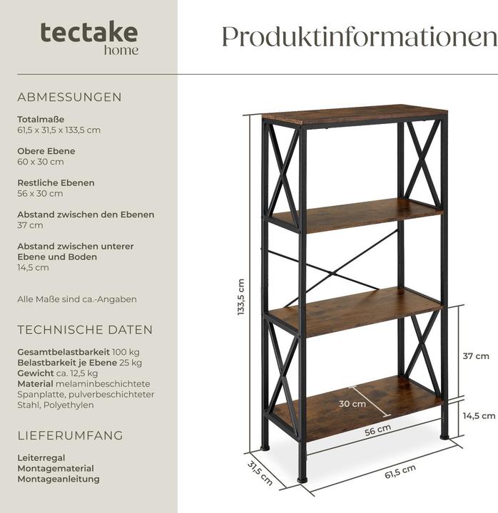 Produktbild tectake Regal Barry 61,5x31,5x133,5cm (61.50 x 61.50 x 133.50 cm)