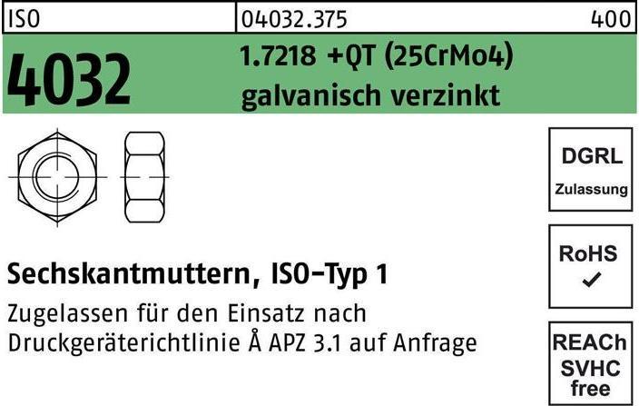 Produktbild Bufab Sechskantmutter ISO 4032 M 30 1.7218 +QT (25CrMo4) galvanisch verzinkt (M30)