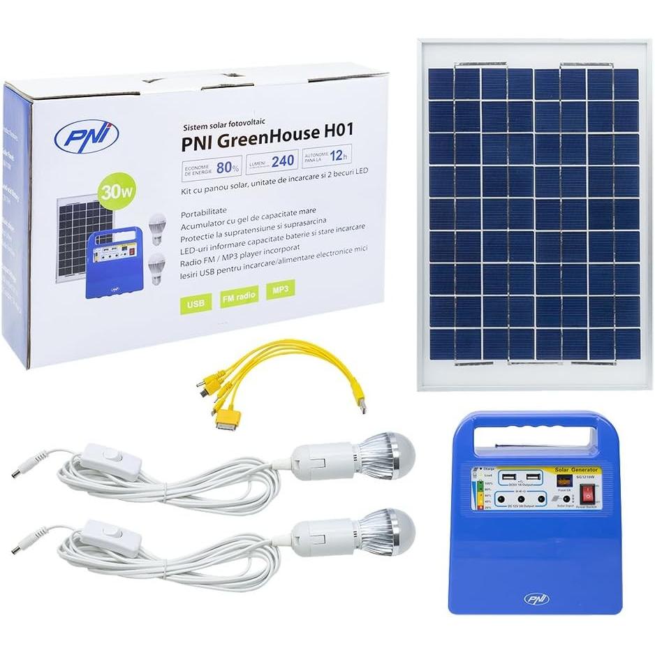 PNI, Impianto solare, Sistema solare fotovoltaico GreenHouse H01 30W con batteria 12V/7Ah, USB/radio/MP3, 2 lampade LED (10 W)