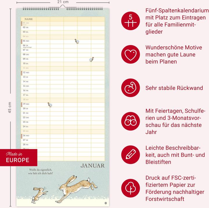 Actual product image Weisst du eigentlich, wie lieb ich dich hab? Familienplaner 2026 (21 x 45 cm, Hardcover, German)