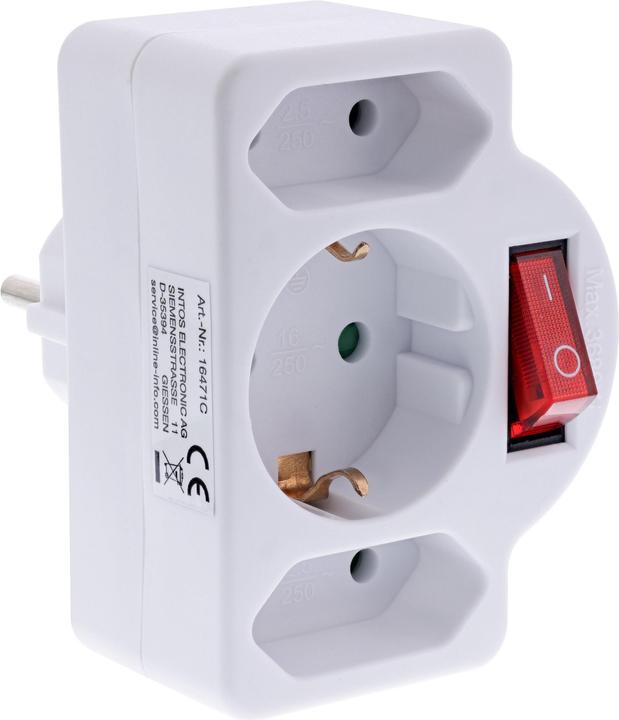 InLine Wandcontactdoosadapter met schakelaar, randaardestekker naar 2x eurostopcontact + 1x
