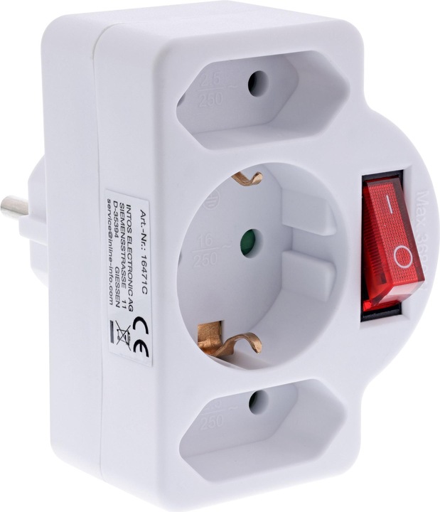 InLine Steckdosenadapter mit Schalter, Schutzkontakt Stecker an 2x Eurobuchse + 1x Schutzkontaktbuc (CEE 7/3, 3 x)