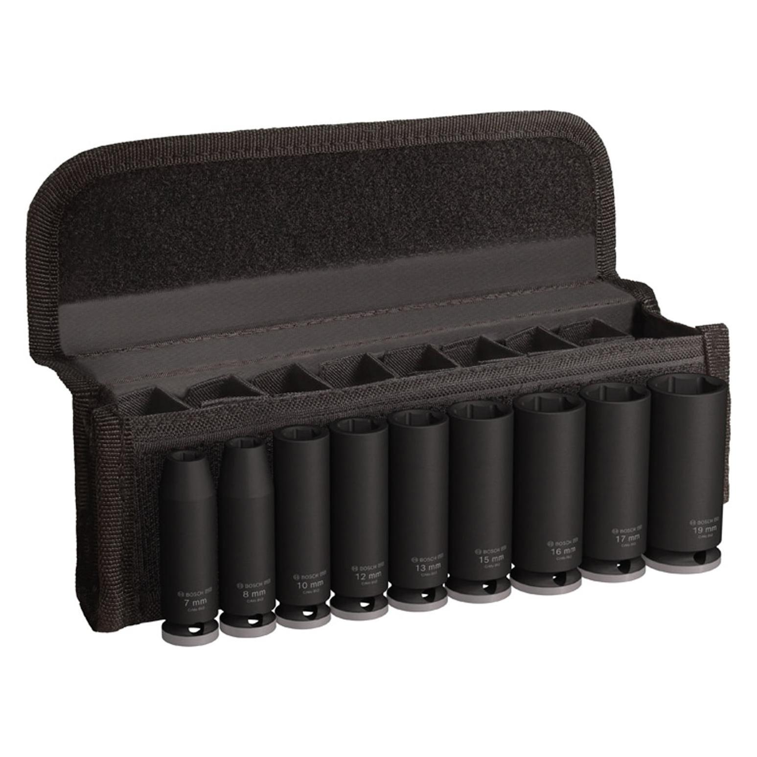 Bosch Professional Zubehör, Dopsleutel + Dopmoer, Pro Slagmoerdoppenset, 3/8", Diep, 9 Stuks.