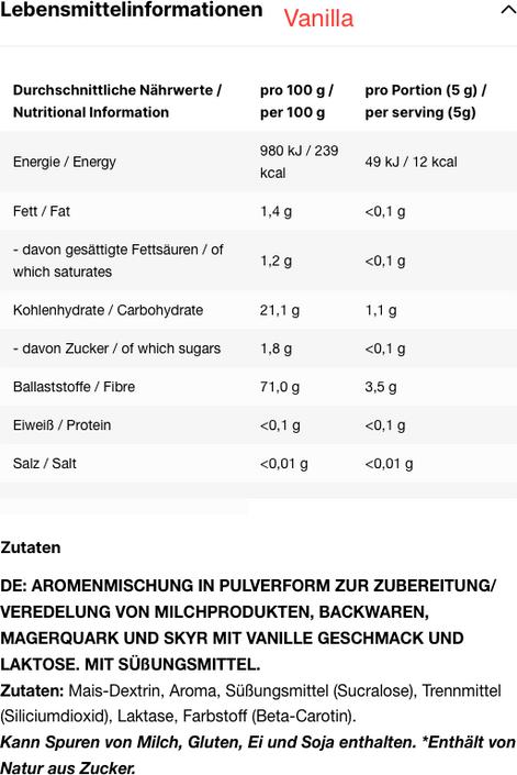Nährwerte und Zutaten Inlead Flavor Powder - diverse Sorten - 250g (Vanilla, 2 Stk., 250 g)