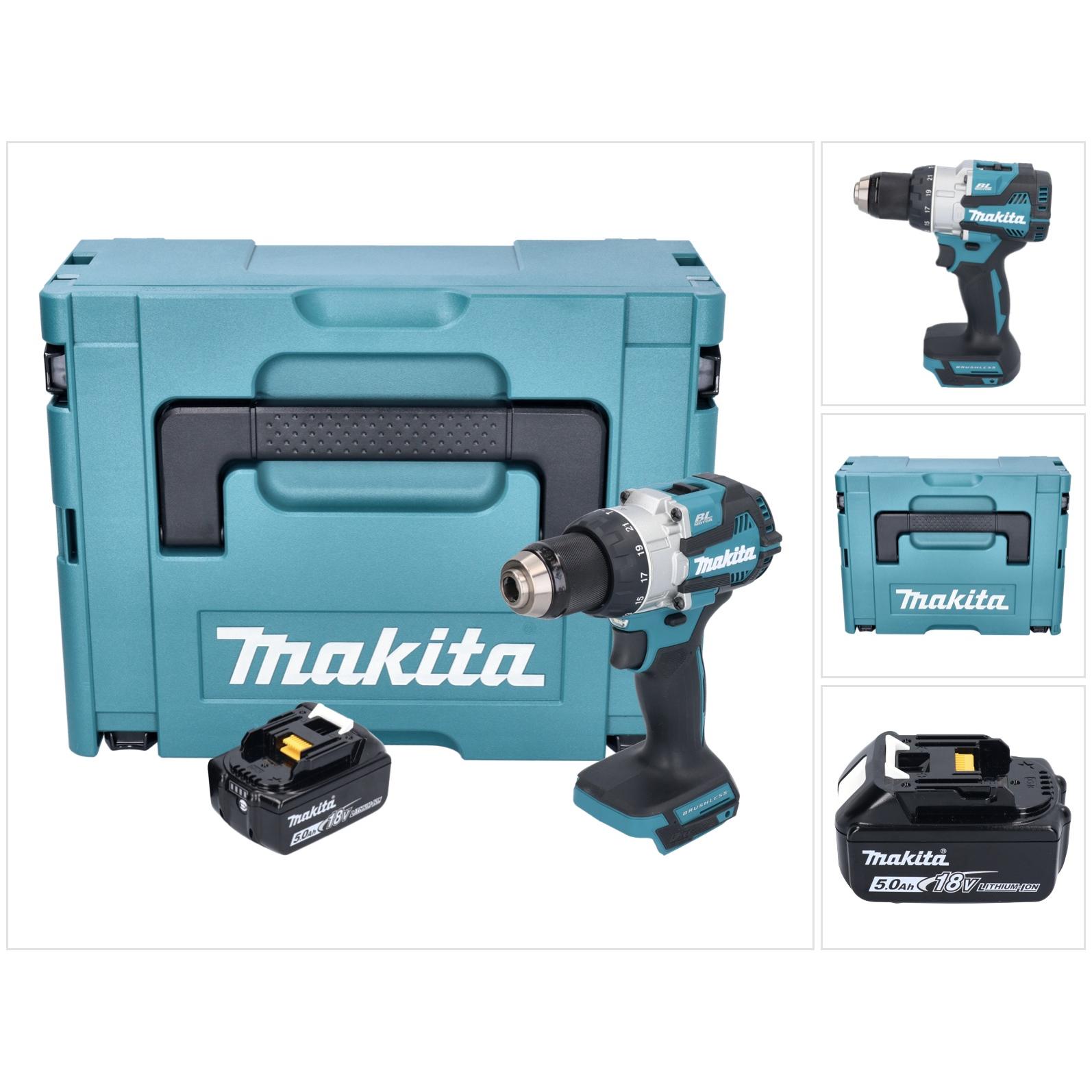 Makita, Bohrmaschine + Akkuschrauber, DHP 489 T1J Akku Schlagbohrschrauber 18 V 73 Nm Brushless + 1x Akku 5,0 Ah + Makpa...
