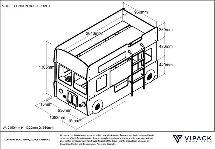 Image du produit Vipack Lit superposé London Bus (90 x 200 cm)