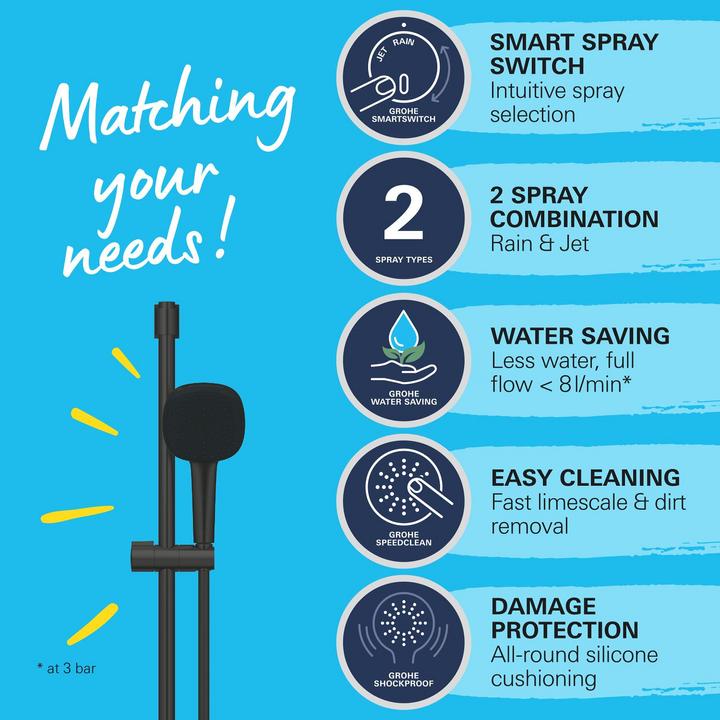 Produktbild Grohe Vitalio Comfort 110 QuickFix Brausestangenset, kleben oder bohren, wassersparend, 2 Strahlarten, mat
