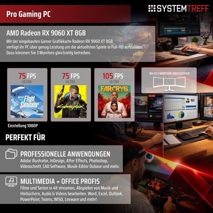 Produktbild SYSTEMTREFF Gaming PC G245050 (1000 GB, 32 GB, AMD Ryzen 5 9600X, Radeon RX 9060 XT)