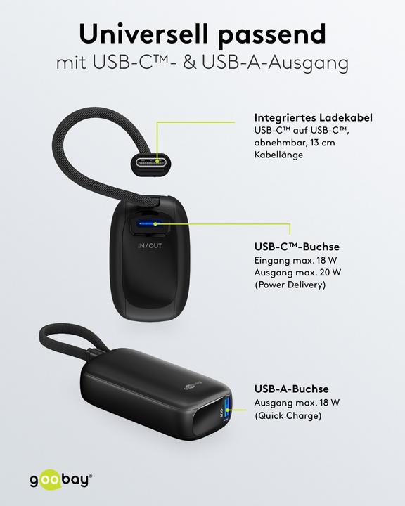 Actual product image Goobay Powerbank 5.000 mAh mit integriertem USB-C-Kabel (5000 mAh, 15 W, 15 Wh)