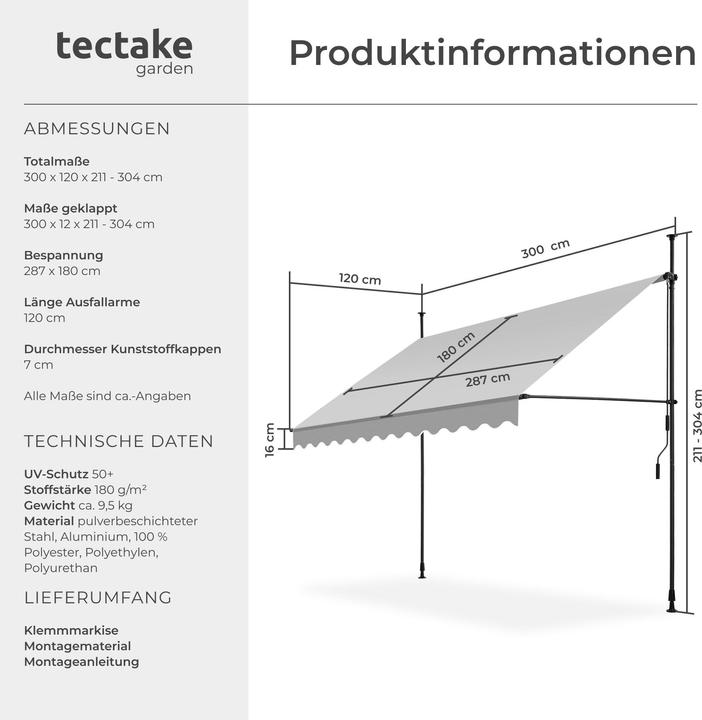 Produktbild tectake Klemmmarkise mit Handkurbel, höhenverstellbar (3 m)