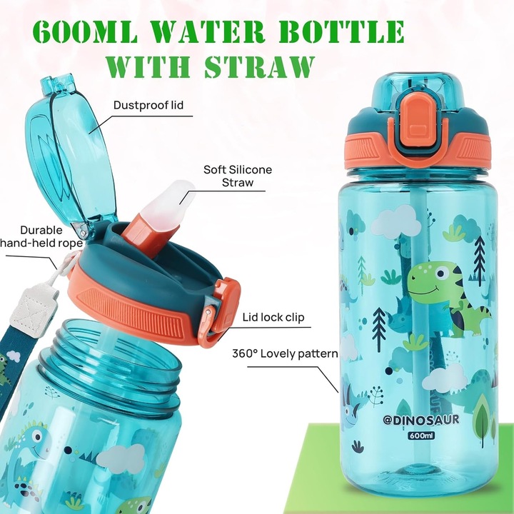Produktbild ASMI Kinder Trinkflasche, Wasserflasche mit Strohhalm Dino (0.60 l)