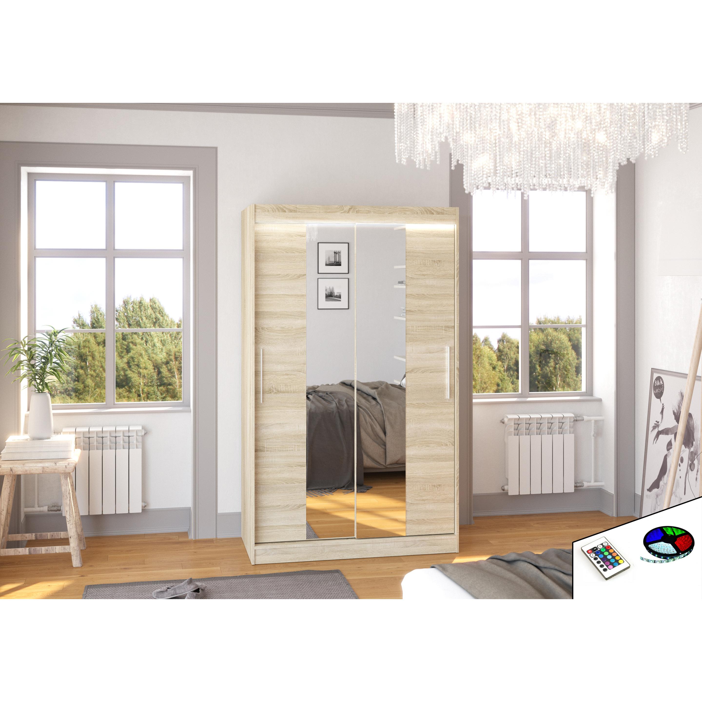 Thumbnail - ADRK Furniture, Kleiderschrank, Verschiebbarer Kleiderschrank mit Spiegel und Beleuchtung LED SANTOS 120 (120 x 58 x 200...