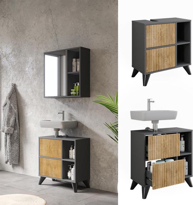Produktbild Vicco Waschbeckenunterschrank Leano, Anthrazit/Bergeiche, 60 x 62 cm mit 2 Schubladen
