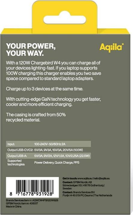 Productafbeelding Aqiila Chargebird W4 - GaN Wandlader, 120W PD - Wit (120 W, 3 ports)
