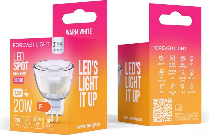Actual product image Forever Light LED Bulb G4 MR11 38° 2.2W 195lm 3000K 12V glass class F (G4, 195 lm, 100x)