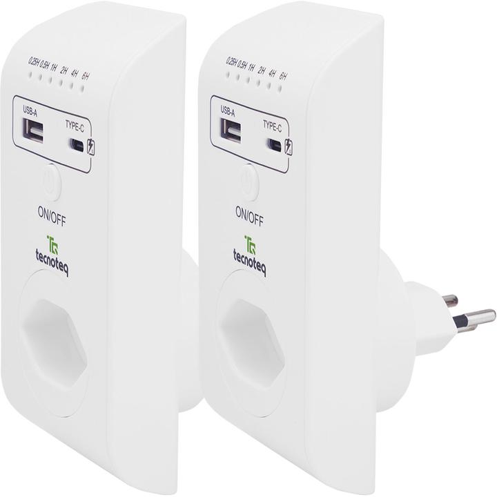 Produktbild Tecnoteq Steckdose mit 2x USB-Ladeport, 3.1 A, Timer, Überspannungsschutz, Swiss-Edition, 2er-Set