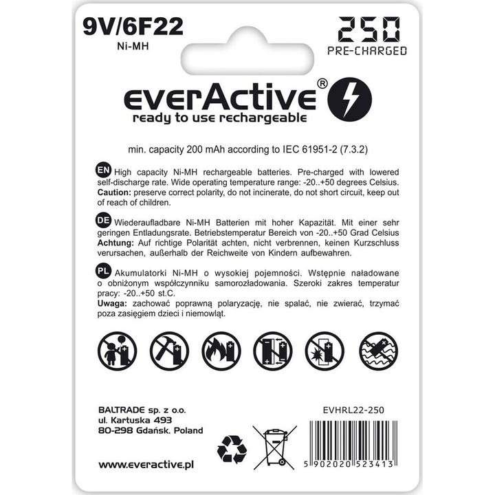 Energie-Label Everactive Rechargeable 6F22 9V 250 mAh (1 Stk., 9V Block, 250 mAh)
