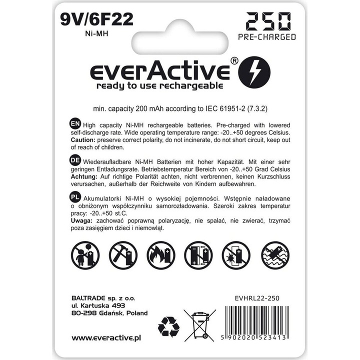 Energy Label Everactive Rechargeable 6F22 9V 250 mAh (1 pcs., 9V Block, 250 mAh)
