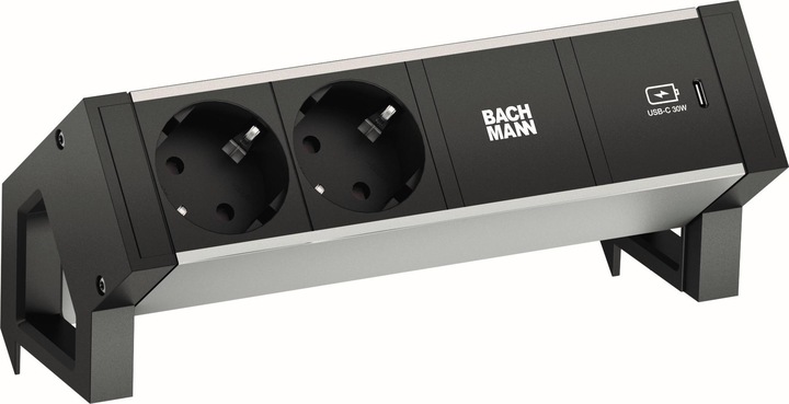 Produktbild Bachmann 937302 DESK2 ALU BLACK 2xfach 1xUSBC 30W (3 x, CEE 7/3, 0.20 m)
