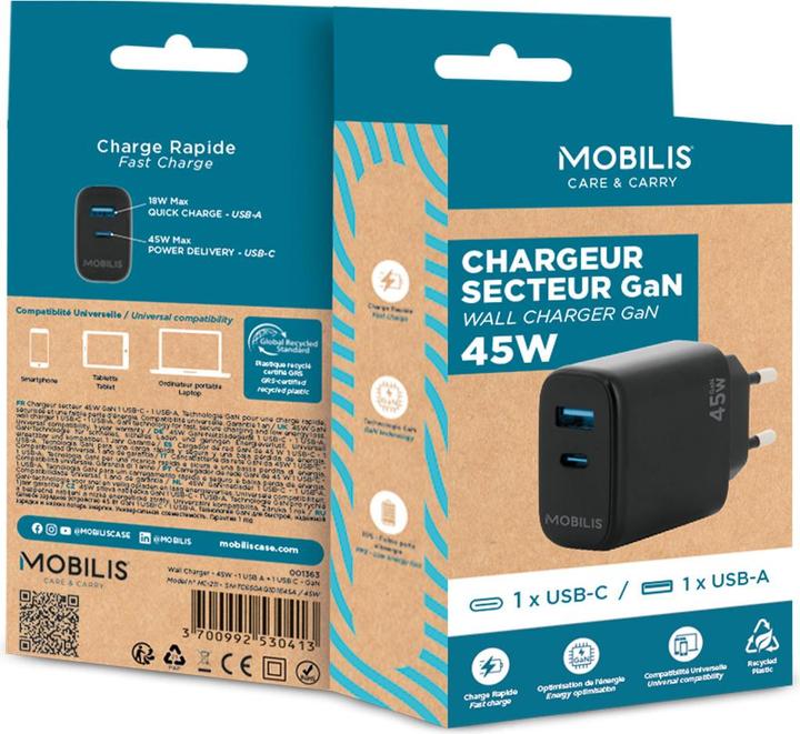 Actual product image Mobilis Wall Charger 45W 1 USB A 1 USB C GaN (45 W, 2 ports)