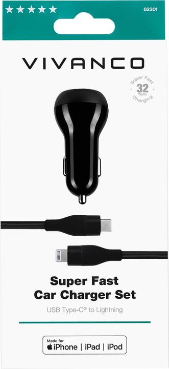 Produktbild Vivanco 32W MFI PD3.0 KFZ Dual Ladegeraet mit 1,20m USB Type-C auf Lightning Kabel, schwarz