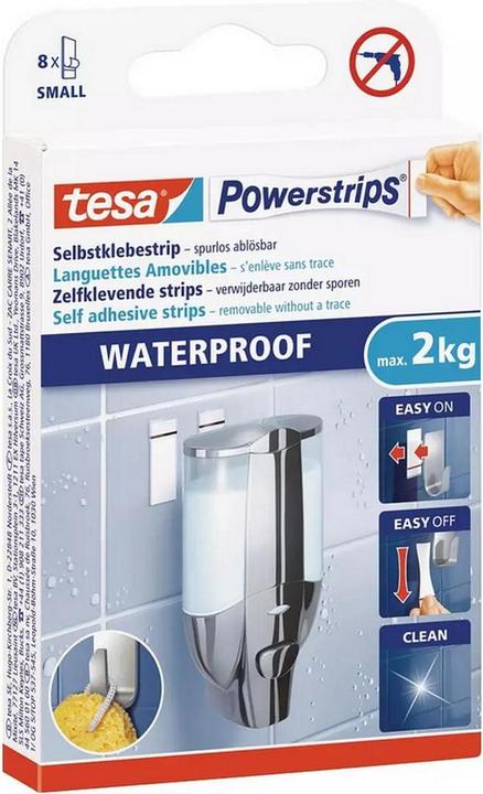 Produktbild tesa 3x wasserfeste Powerstrips LARGE, 2kg Halteleistung, 18 doppelseitige Klebestreifen