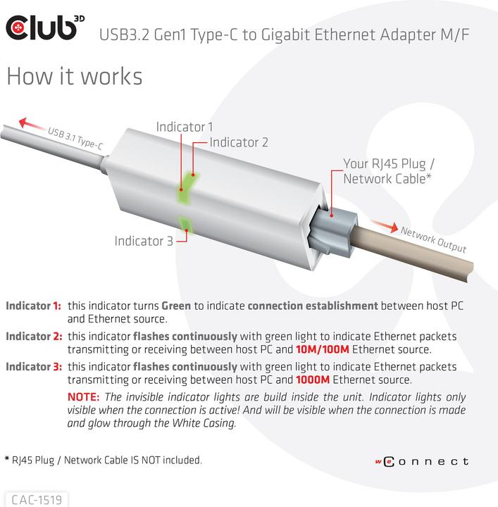 Produktbild Club 3D USB3.2 Gen1 Typ-C zu RJ-45 (USB 3.2, RJ45 (1x))