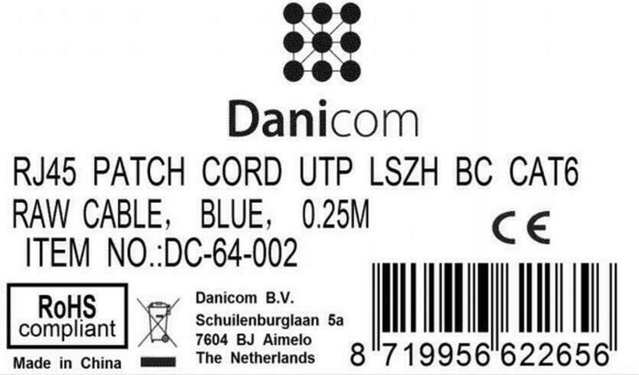 Produktbild Dsit CAT6 Netzwerkkabel, U/UTP, 0,25 Meter, Blau, 100% Kupfer (CAT6, 0.25 m)