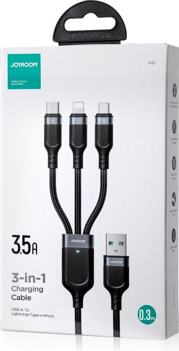 Produktbild Joyroom S-A18 Multi-Use Series 3.5A USB-A to Lightning+Type-C+Micro 3-in-1 Data Cable 0.3m-Black (0.30 m)