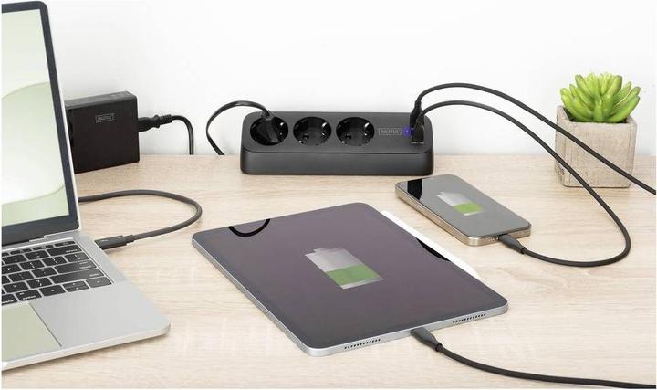 Actual product image Digitus 3-way office socket strip with 2x USB-A and 1x USB-C connections, black (3x, CEE 7/3, 1.50 m)