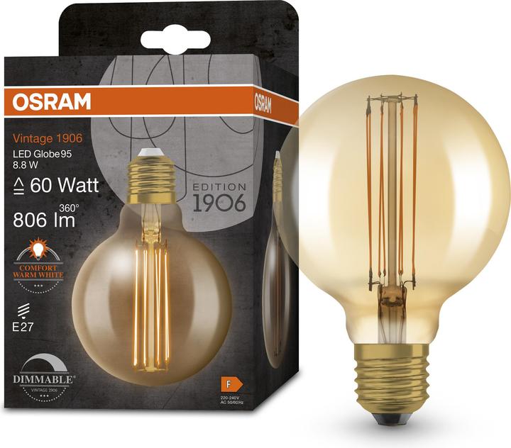 Produktbild Osram Vintage 1906 Led Classic Slim Filament Globe (E27, 8.80 W, 806 lm, 1 x, F)