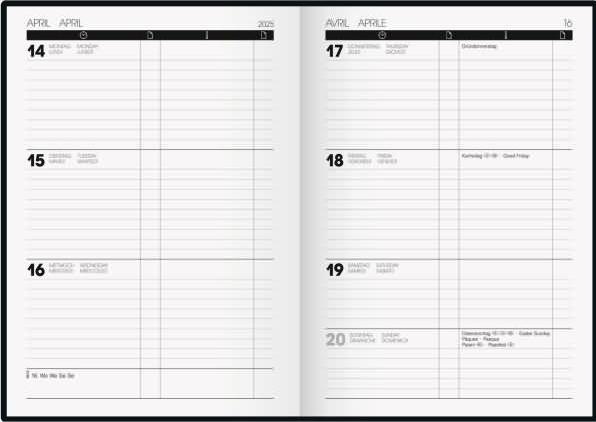 Actual product image Book calendar TimeCentre model 725 (2025) (14.8 x 21 cm, German, French, Italian, English)