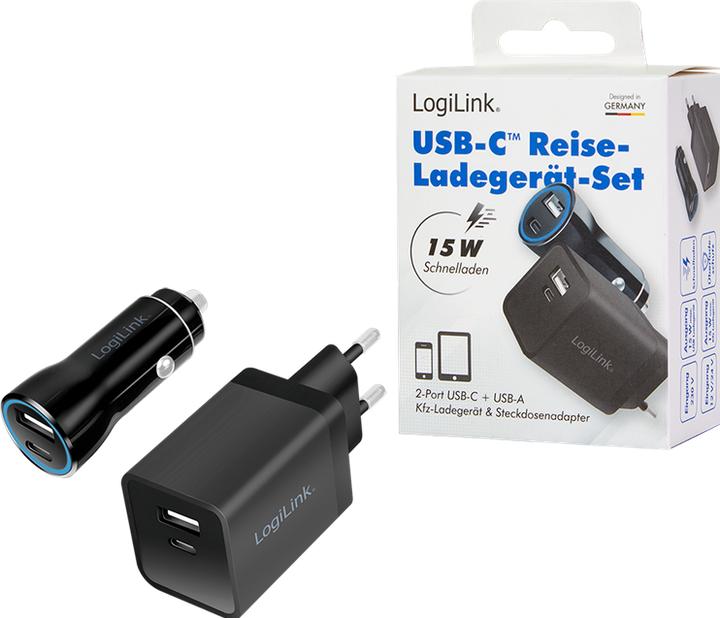Produktbild LogiLink USB-Ladeadapter-Set, Auto & AC, USB-C/F + USB-A/F, 5 V/15 W, schwarz