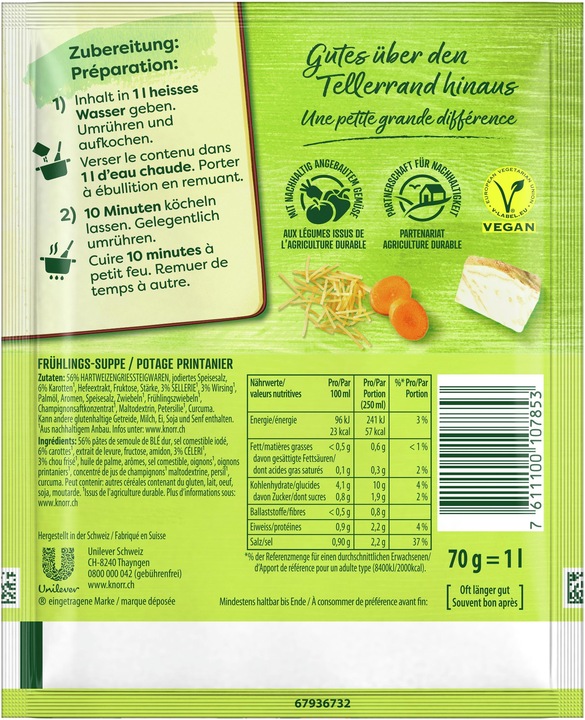 Nährwerte und Zutaten Knorr Frühlings-Suppe Beutel mit Flädli, Suppe mit Gemüse ohne geschmacksverstärkende Zusatzstoffe