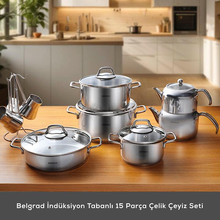 Actual product image Karaca Belgrade 15-Piece Stainless Steel Wedding Set with Teapot (Pot, Stainless steel)