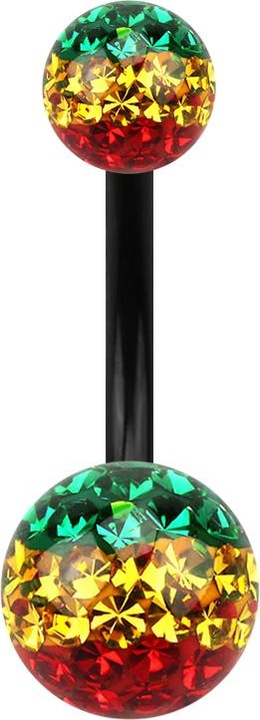 Produktbild Star Piercing Banane schwarz mit zwei Kristall Kugeln Rasta Epoxy Schutzschicht (Titan G23, ohne Messing)