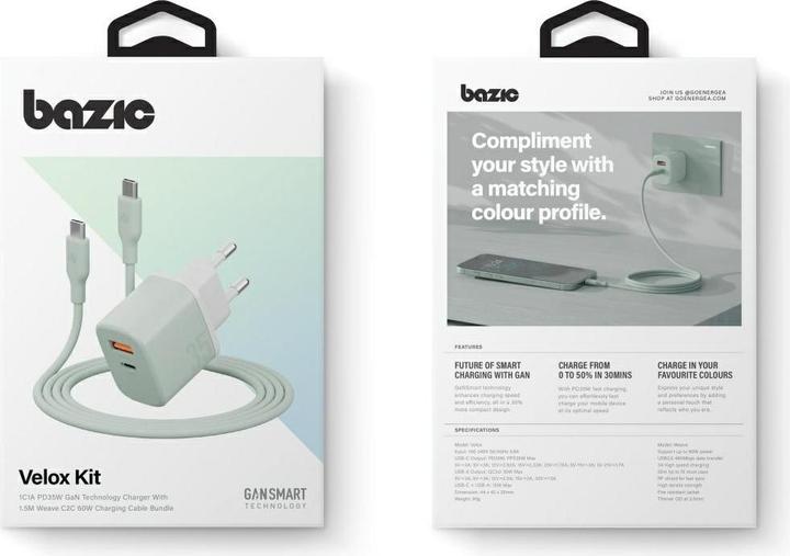 Actual product image Wall charger Bazic GoPort Velox Kit USB-C/USB-A GaN 35W with cable green (35 W, 2 ports)