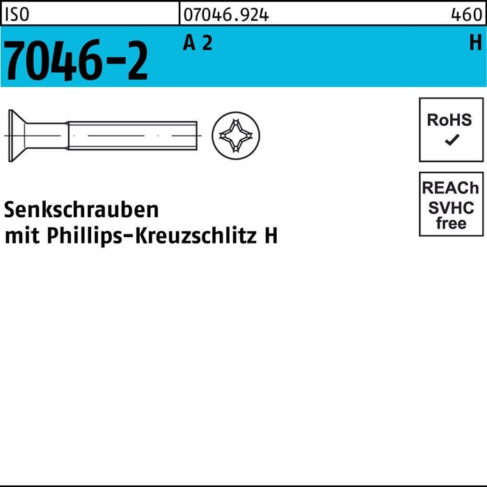Produktbild Senkschraube ISO 7046-2 m.Kreuzschlitz-PH M 4 x 12 -H A 2 (1000 Schrauben pro Stück)