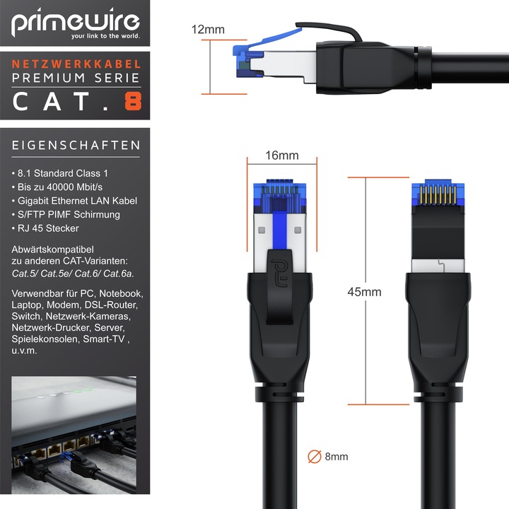 Actual product image Primewire CAT 8.1 Network Cable 40 Gbits - LAN Cable Patch Cable - CAT 8 Gigabit Ethernet Cable - RJ45 Plug (S/FTP, CAT8.1, 0.50 m)