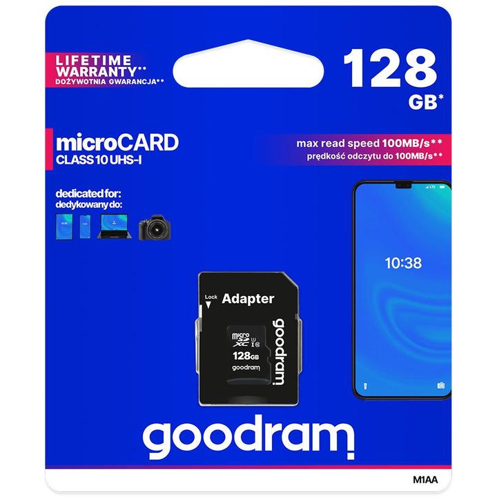 Produktbild Goodram M1AA-1280R12 - 128 GB - MicroSDXC - Klasse 10 - UHS-I - 100 MB/s - 10 MB/s (128 GB, microSDXC, U1, UHS-I)