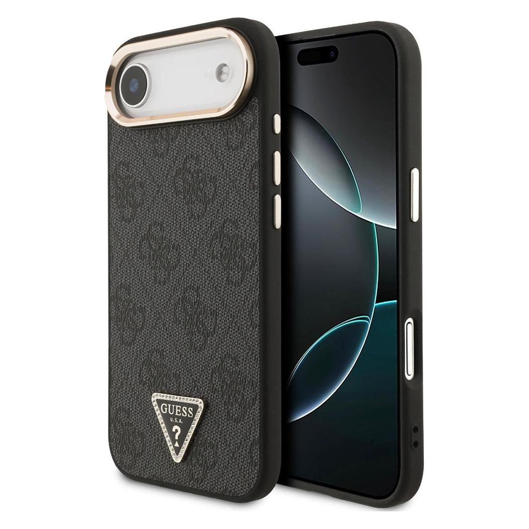 Guess Case Magsafe 4G Pu Leather Case With Triangle Logo And Gold Metal Camera Frame For IPhone 17 A (Apple IPhone 17), Smartphone Hülle, Schwarz,