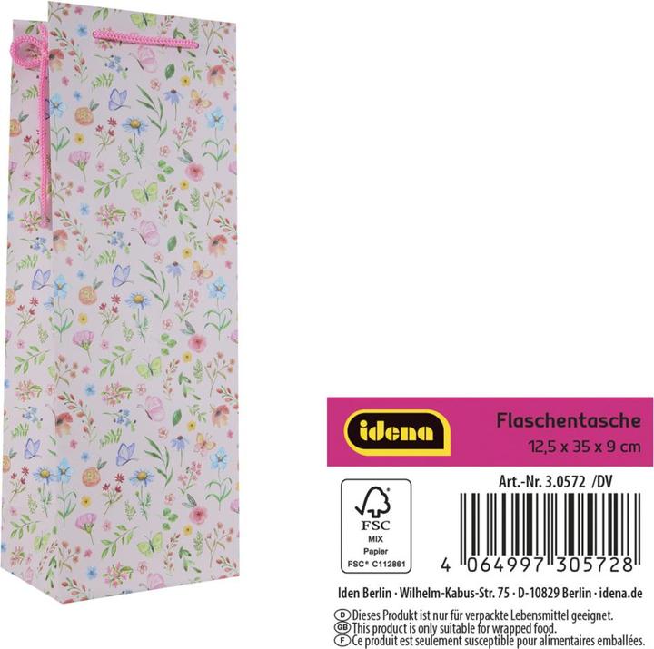 Produktbild Idena Flaschentasche Blumen Kraftpapier 140g/m² rosa 12,5x35x9cm