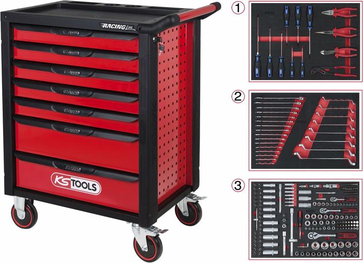 Produktbild KS Tools RACINGline SCHWARZ/ROT Werkstattwagen mit 7 Schubladen und 215 Premium-Werkzeugen (215x)