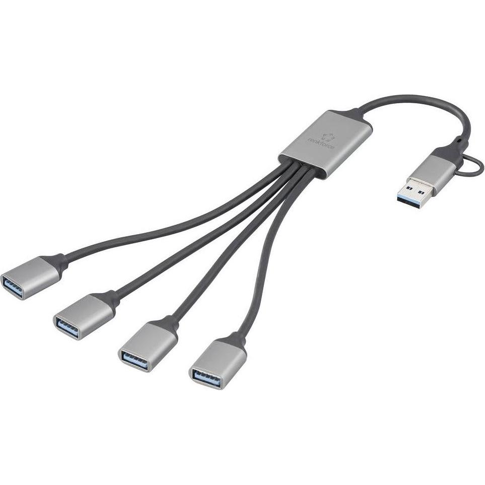 Renkforce RF-HUB-300 USB 3.0-Hub mit Aluminiumgehäuse Grau (USB-A, USB-C, 4 porte), Docking station + Hub USB, Grigio