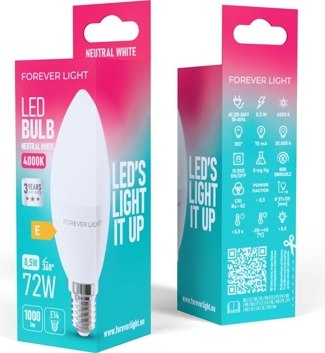 Produktbild Forever Light LED Bulb E14 C37 8.5W 1000lm 4000K class E (E14, 1000 lm, 100x)