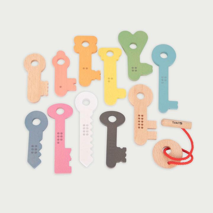 Actual product image TickiT Rainbow wooden keys – 11 numbered keys with threading cord & bag