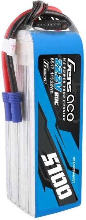 Actual product image Gens Ace G-Tech 5100mAh 80C 22.2V 6S1P Lipo Battery Pack with EC5 plug (22.20 V, 5100 mAh)