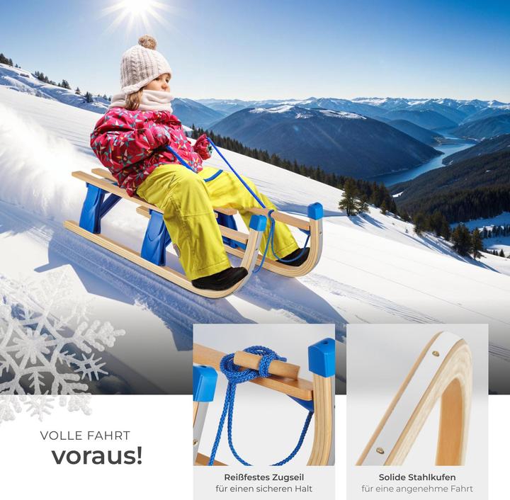 Actual product image tectake Folding wooden sled Jeffrey with pull rope, snowball tongs