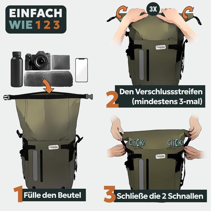 Immagine prodotto Ruqqle Wasserdichter Rucksack mit Rolltop, 30 Liter (30 l)